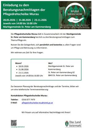 Auf dem Bild wurde die Einladung zu den Beratungsnachmittagen zum Thema Pflege von der Pflegedrehscheibe Murau in den Örtlichkeiten der Marktgemeinte St. Peter am Kammersberg gestaltet. 
