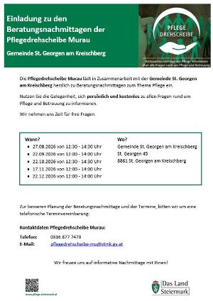 Auf dem Bild wurde die Einladung zu den Beratungsnachmittagen zum Thema Pflege von der Pflegedrehscheibe Murau in den Örtlichkeiten der Gemeinde St. Georgen am Kreischberg gestaltet. 