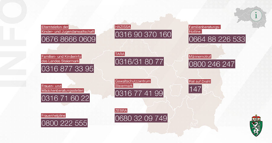 Bild mit der Steiermark Karte und vielen Hotline Nummern.