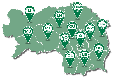 Karte der Steiermark mit grünen Markierungen, welche die Standorte der Pflegedrehscheiben in der Steiermark kennzeichnen.